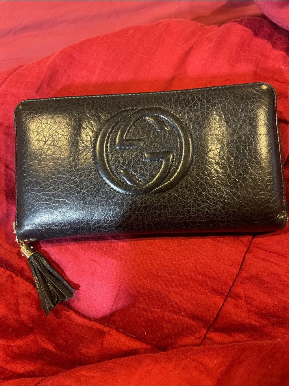 Gucci Black Leather Zip Wallet with Tassel and Embossed GG